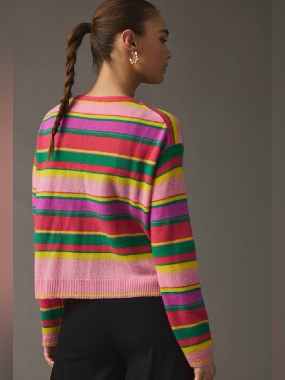 Velvet by Graham & Spencer Striped V-Neck Cardigan in Pink, Green & Yellow - Picture 3 of 10